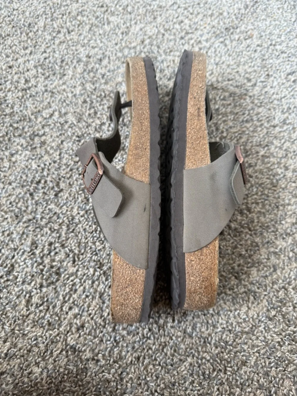 Birkenstock Taupe Thong Sandals with Rose Gold Buckles - Picture 3 of 5